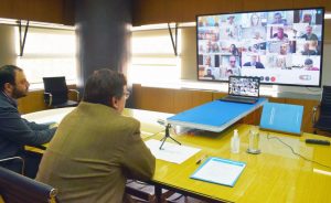 El ministro de Trabajo de la nación, Claudio Moroni, participando del encuentro desde Buenos Aires.